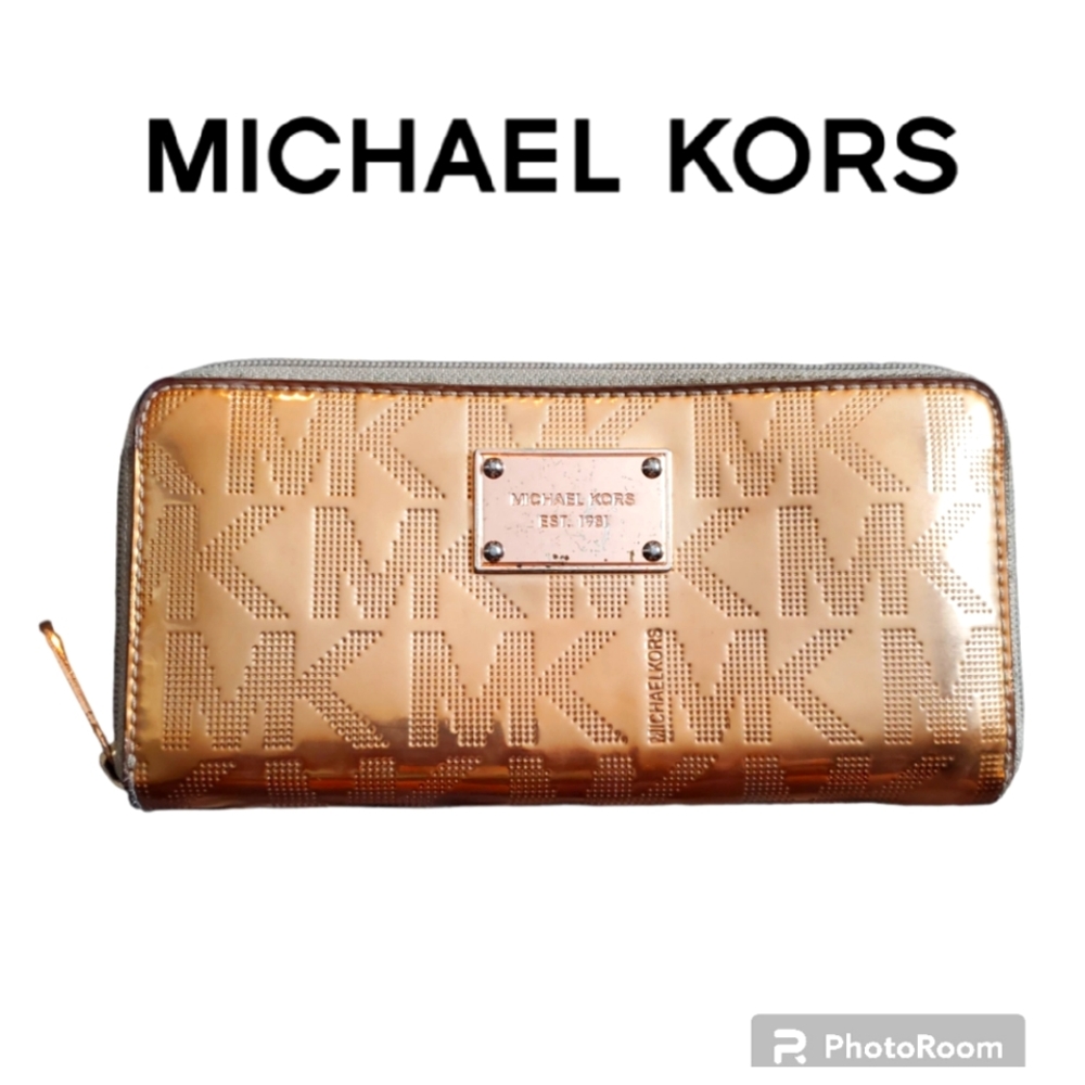 Michael Kors Women's Zip-Around Full Wallet Rose Gold Signature Logo Leather